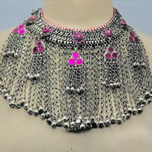 Massive Afghan Tribal Jewelry Set, Antique Kuchi Long Dangling Bells Necklace